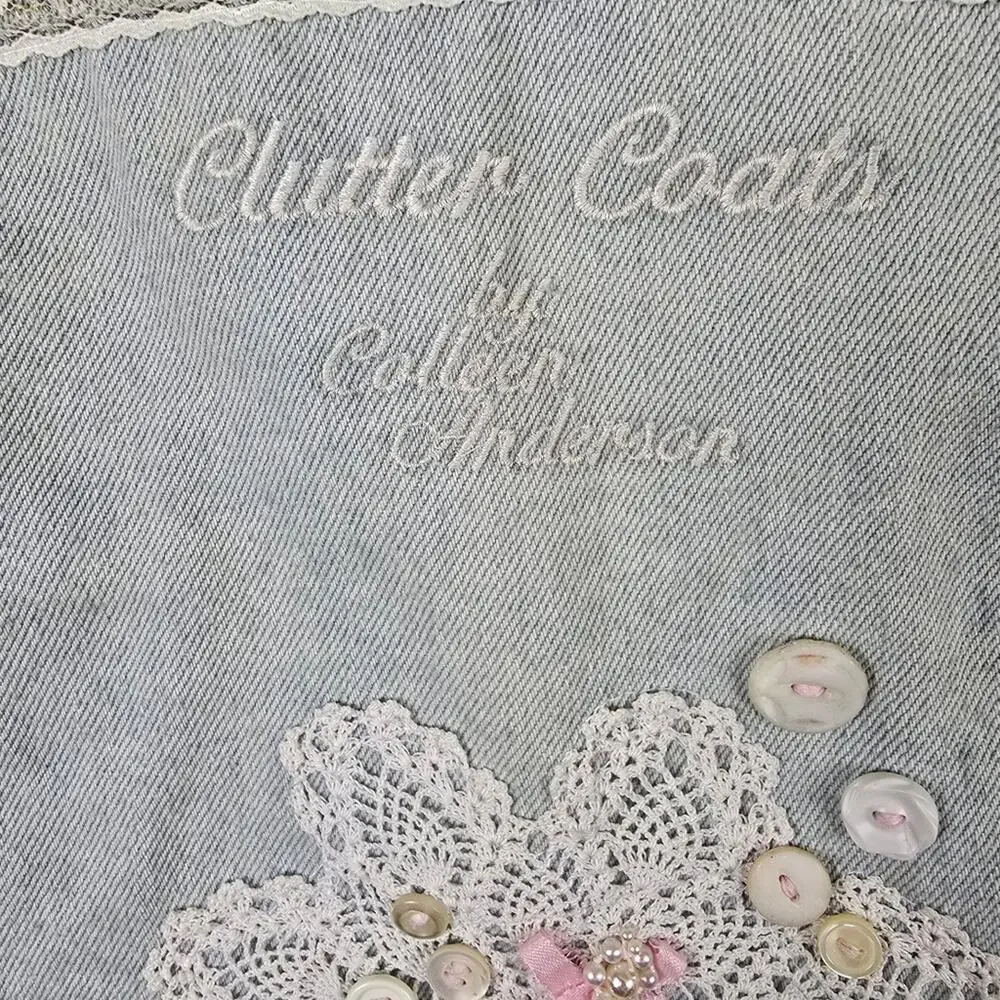 Coquette Fairycore Denim Jacket Size 14  Lace Pink Bows Embellished Button Up